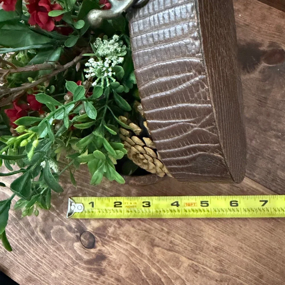 Floral Arrangement in Faux Crocodile Oval Box Red Floral Pinecones Decor Vintage